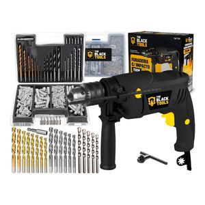 Furadeira De Impacto 13mm 750w Profissional Com Kit Brocas Buchas E Bits 300 Peças The Black Tools