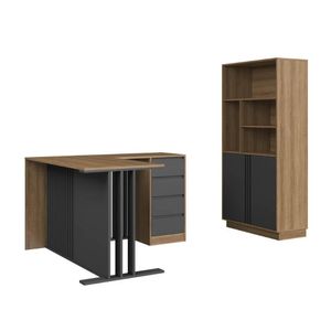 Conjunto para Escritório com 2 Peças Mesa L Armário Alto com Nichos CM4001 Mel Grafite