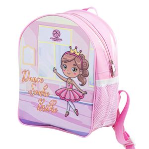 Mochila Infantil Princesa Bailarina Rosa Verniz Sublimada com Porta Garrafa e Bolso Colombina