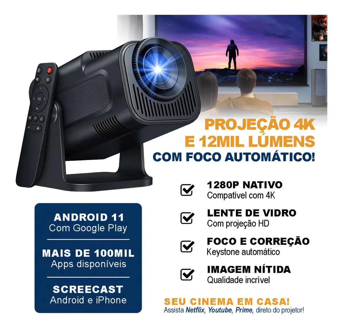 Projetor Hy320 Davely Smart TV Android WiFi6 390 ANSI Lumens Full