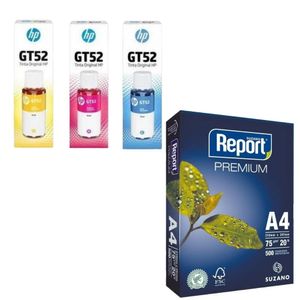 Kit HP Refil Tinta 3 Cores Original GT52 + Papel A4 500 Folhas