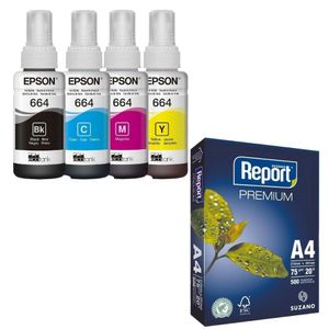 Kit Epson Refil Tinta 4 Cores Original T664 + Papel A4 500 Folhas