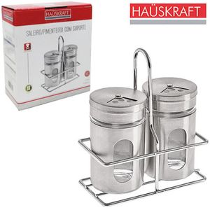 Jogo de Porta Temperos com Suporte Hauskraft Saleiro e Pimenteiro 100ml Inox 3 Peças