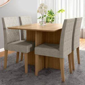 Mesa de Jantar Poliman Helo com 4 Cadeiras Revestidas em Tecido Suede - Carvalho/Suede Fendi