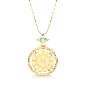 Colar Medalha Zodiac Peixes em Prata 925 banhada a Ouro 18k