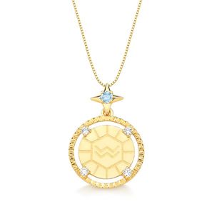 Colar Medalha Zodiac Aquário em Prata 925 banhada a Ouro18k