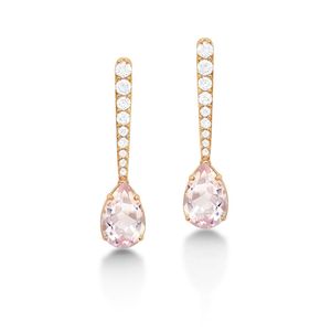 Brinco Longo de Ouro Rosé 18k Gota com Quartzo Rosa