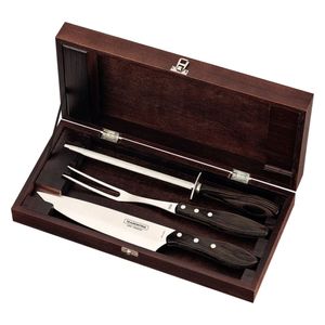 Kit Churrasco Tramontina Inox Castanho Polywood Estojo em Madeira 4 Peças