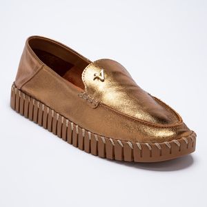 Sapato Mocassim Maleável Feminino Couro Dourado