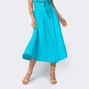 Saia Feminina Midi com Botões Azul