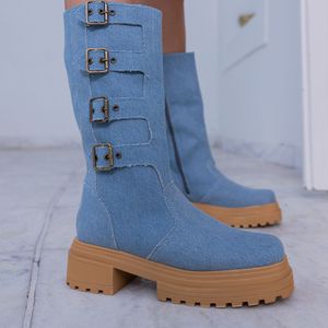 Bota Coturno Couro Cano Alto 4 Fivelas Jeans