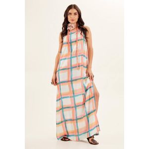 Vestido Longo de Alças Reguláveis Xadrez Estampado Yacamim