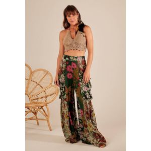 Calça Pantalona de Cintura Alta Verde Escuro Patchwork Yacamim