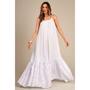 Vestido Longo Amplo com Babado Bordado Branco Yacamim