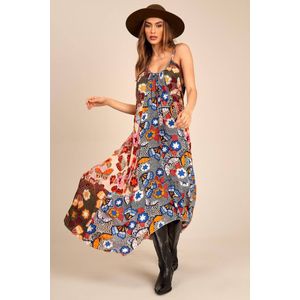 Vestido Longo de Alças Reguláveis Estampado Patchwork Yacamim