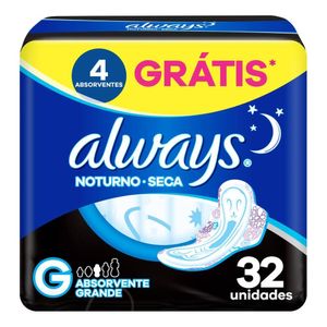 Absorvente Always Noturno Tamanho G Seca Com Abas Pacote 32 Unidades Grátis 4 Absorventes