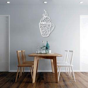 Quadro Escultura Xícara de Café Frase 150x85 Branco