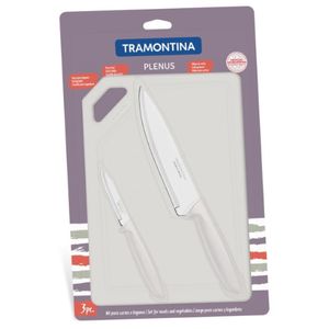 Kit com 2 facas brancas e 1 tábua linha Plenus Tramontina