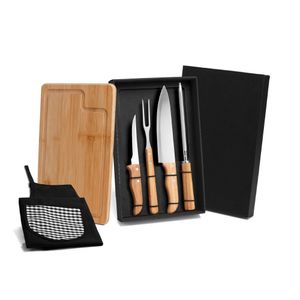 Kit Para Churrasco Em Bambu/Inox Com Avental - 6 Pçs Welf