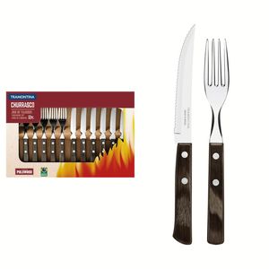 Jogo Talheres Churrasco Tramontina Aço Inox Cabo Castanho Polywood 12 Peças