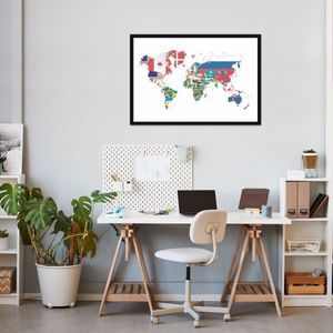 Quadro Mapa Mundi Bandeiras dos Países 86x60 Caixa Preto