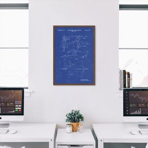 Quadro BluePrint Avião de Caça Azul 100x70 Caixa Marrom Azul