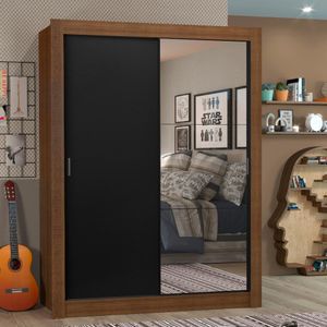 Guarda-Roupa Solteiro Madesa Denver 2 Portas de Correr com Espelho - Rustic/Preto