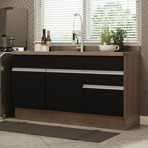 Balcão Gabinete de Pia Madesa Glamy 150 cm 2 Gavetas 2 Portas (Sem Tampo e Pia) - Rustic/Preto