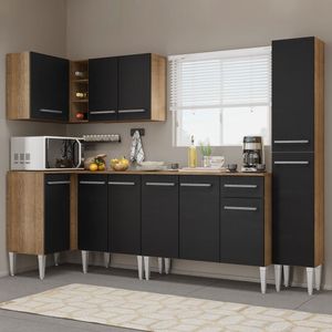 Cozinha Completa de Canto Madesa Emilly Water com Armário, Balcão e Paneleiro - Rustic/Preto