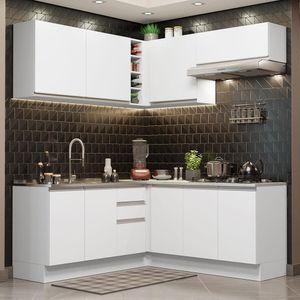 Cozinha Completa de Canto Madesa Glamy 349003 com Armário e Balcão (Sem Tampo e Pia) - Branco