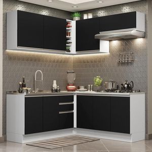 Cozinha Completa de Canto Madesa Glamy 349003 com Armário e Balcão (Sem Tampo e Pia) - Branco/Preto