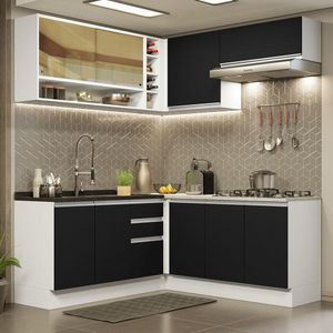 Cozinha Completa de Canto Madesa Glamy 349002 com Armário e Balcão (Sem Tampo e Pia) - Branco/Preto