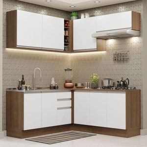 Cozinha Completa de Canto Madesa Glamy 349003 com Armário e Balcão (Sem Tampo e Pia) - Rustic/Branco