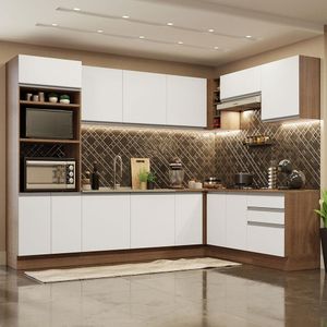 Cozinha Completa de Canto Madesa Glamy 479001 com Armário e Balcão (Sem Tampo e Pia) - Rustic/Branco