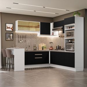 Cozinha Completa de Canto Madesa Glamy 504001  com Armário e Bancada (S/ Tampo e Pia) - Branco/Preto