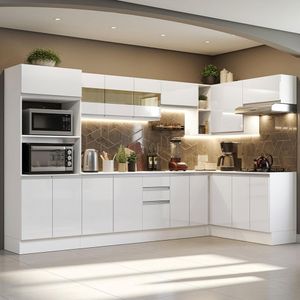 Cozinha Completa 100% MDF Madesa Smart de Canto - Frentes Branco Brilho