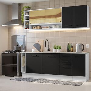 Armário de Cozinha Completa 220cm Branco/Preto Agata da Thêmis Madesa