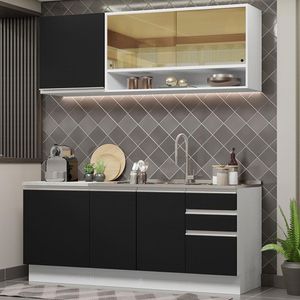 Cozinha Compacta Madesa Glamy 180006 com Armário e Balcão (Sem Tampo e Pia) - Branco/Preto