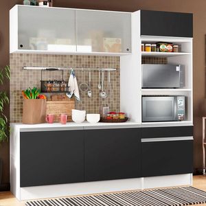 Cozinha Compacta Madesa Topazio Pop com Armário, Balcão e Tampo Branco/Preto