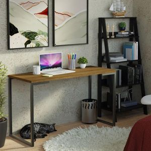 Conjunto Escritório Home Office com Mesa Industrial + Estante Escada Rustic/Preto Madesa