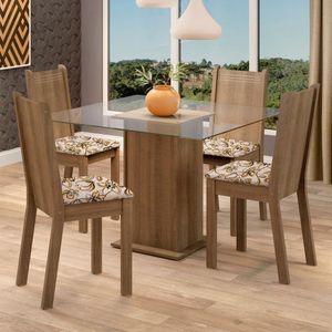 Conjunto Sala de Jantar Madesa Maya Mesa Tampo de Vidro com 4 Cadeiras - Rustic/Lírio Bege