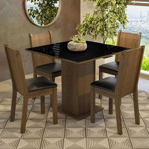 Conjunto Sala de Jantar Mesa Tampo de Vidro 4 Cadeiras Rustic/Preto Perla Madesa