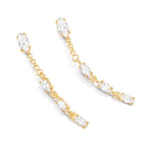 Brinco Longo de Prata 925 com banho de Ouro 18k e Zircônias