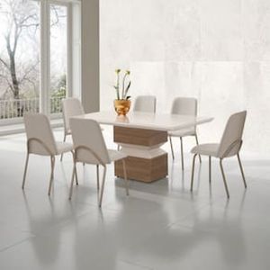 Mesa de Jantar Aço Nobre Aurora com 6 Cadeiras Estofadas e Revestidas em Tecido Sintético - Champagne e Off White