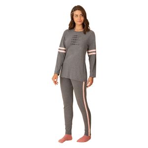 Pijama Feminino Manga Longa com Legging Pzama Meia Malha Mescla Cinza