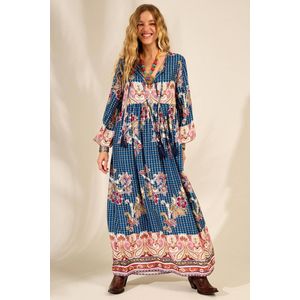 Vestido Longo com Mangas Bufantes Azul Estampa Paisley Yacamim