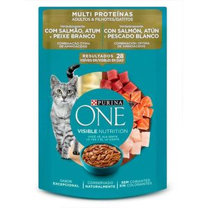 Ração Úmida Purina One para Gatos Adultos e Filhotes Salmão, Atum e Peixe Branco Sachê 85g