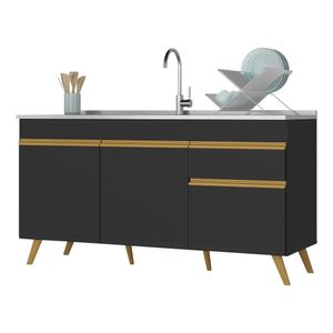 Balcão Cozinha Gabinete Pia 150 cm 3 Portas 1 Gaveta Veneza GB Multimóveis MP2072 Preto