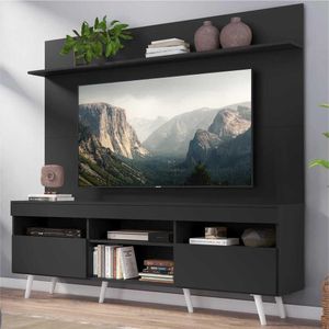 Rack com Painel e Suporte TV 65" Madri Multimóveis Pés Retrô e Prateleira  Preto/Branco