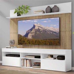 Rack com Painel TV 65" Madri Multimóveis Branco/Rustic com Suporte e Prateleira Branca